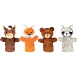Vier weiche Handpuppen von goki: Pferd, Fuchs, Bär und Waschbär. Ideal zum Spielen und Kuscheln.