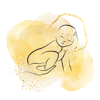 Ein stilisiertes Bild eines schlafenden Babys, das sanft in einer Hand liegt, umgeben von goldenen Farbtönen.