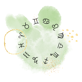Grüne Farbfläche mit goldenen Akzenten und den Symbolen der Sternzeichen in schwarzer Schrift.