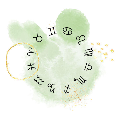 Grüne Farbfläche mit goldenen Akzenten und den Symbolen der Sternzeichen in schwarzer Schrift.