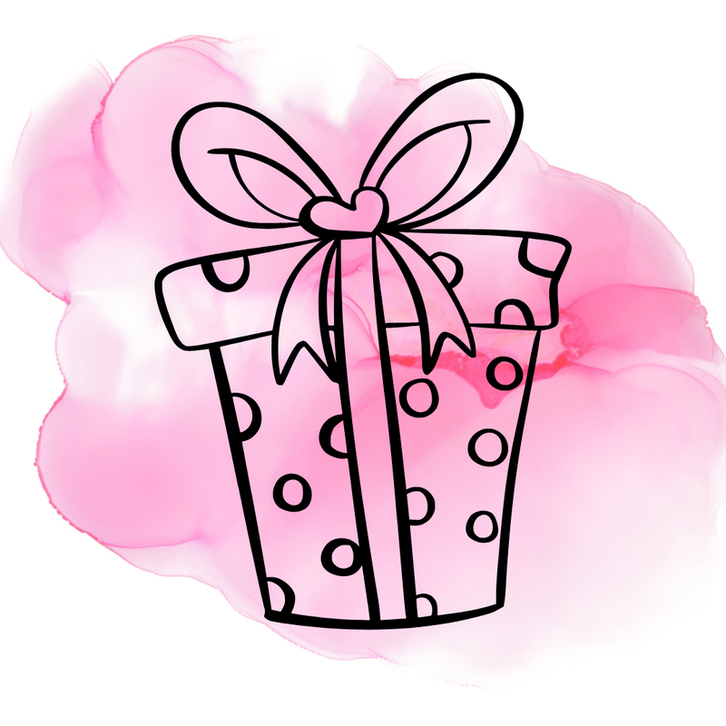 Geschenkbox mit Punkten und einem Schleifenmotiv vor einem pinken, aquarellartigen Hintergrund.