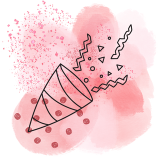 Konfetti und eine Partyhüte auf einem rosafarbenen Hintergrund, symbolisieren festliche Feiertagsstimmung.