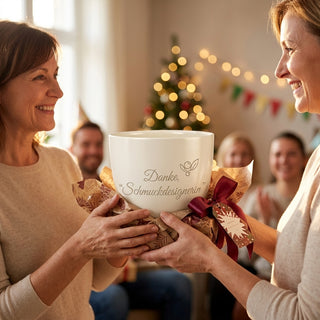 Personalisierter Blumentopf mit Gravur — Geschenk Schmuckdesignerin Danke — als persoenliche Geschenk-Uebergabe