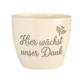 Personalisierter Blumentopf „Hier wächst unser Dank“ — Geschenk für Vertriebler — Detailansicht der Lasergravur