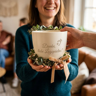 Blumentopf mit Gravur — Persönliches Geschenk für Logopäden — als persoenliche Geschenk-Uebergabe