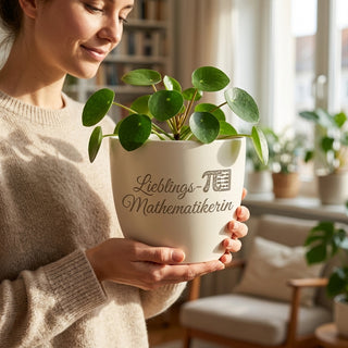 Personalisierter Blumentopf mit Gravur — Geschenk Mathematikerin Abschied — im Wohnambiente