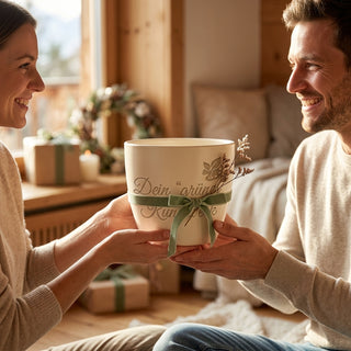 Blumentopf mit Gravur „Dein grünes Kunstwerk“ — Geschenk Kuratorin — als persoenliche Geschenk-Uebergabe