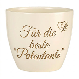 Personalisierter Blumentopf mit Gravur — Geschenk Patentante Geburtstag — Detailansicht der Lasergravur