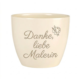 Blumentopf mit Gravur 'Danke, liebe Malerin' - Personalisiertes Künstlergeschenk — Detailansicht der Lasergravur