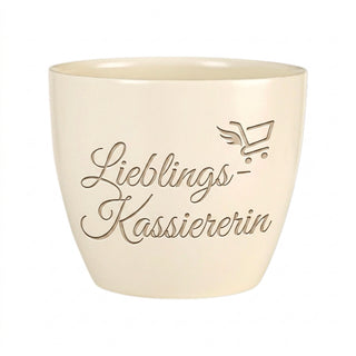 Blumentopf mit Gravur 'Lieblings-Kassiererin' — Geschenk Kassiererin — Detailansicht der Lasergravur