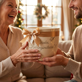 Personalisierter Blumentopf mit Gravur — Danke Geschenk für Notarin — als persoenliche Geschenk-Uebergabe
