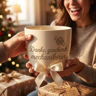 Personalisierter Blumentopf mit Gravur — Geschenk Mechanikerin — als persoenliche Geschenk-Uebergabe