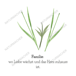 Wasserfarbenmalerei von Gräsern und Blättern mit dem Schriftzug "Familie: wo Liebe wächst und das Herz zuhause ist." Handa...