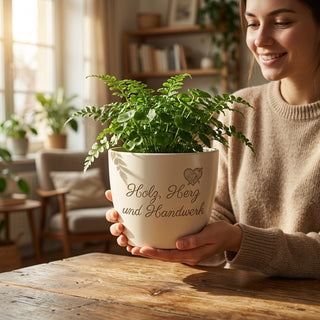 Personalisierter Blumentopf mit Gravur — Geschenk Möbeltischler — im Wohnambiente