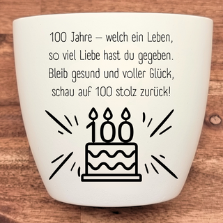 Weißer Blumentopf mit 100. Geburtstags-Motiv und Glückwunschtext. Geschenkidee von Natur Macher.