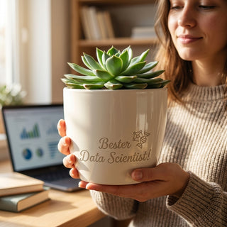 Personalisierter Blumentopf mit Gravur — Geschenk Data Scientist Beförderung — im Wohnambiente