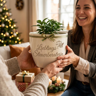 Personalisierter Blumentopf mit Gravur — Geschenk Steuerberaterin Dank — als persoenliche Geschenk-Uebergabe