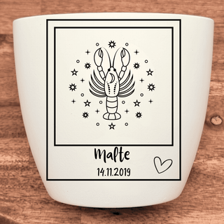 Weißer Blumentopf mit Skorpion-Motiv, Name "Malte" und Datum "14.11.2019". Personalisiertes Sternzeichen-Geschenk.