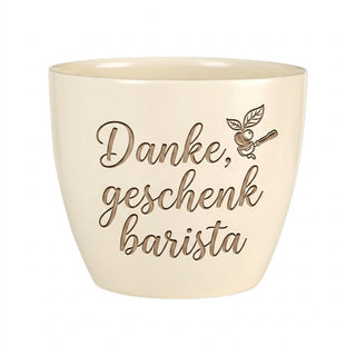 Personalisierter Blumentopf mit Gravur — Danke Geschenk für Barista — Detailansicht der Lasergravur