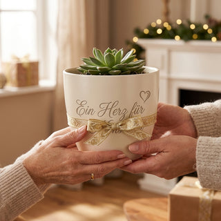 Personalisierter Blumentopf mit Gravur — Geschenk Seniorenbetreuerin Dankeschön — als persoenliche Geschenk-Uebergabe