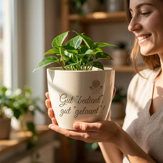 Personalisierter Blumentopf mit Gravur — Geschenk Kellnerin Abschied — im Wohnambiente