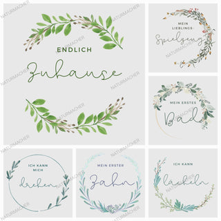 Meilensteinkarten Babys erstes Jahr von Naturmacher: Neun Karten mit floralen Kränzen und Meilenstein-Beschriftungen wie "...