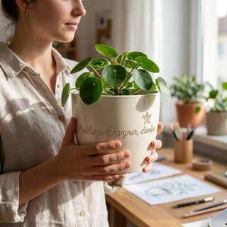 Personalisierter Blumentopf mit Gravur — Geschenk für Grafikdesigner — im Wohnambiente
