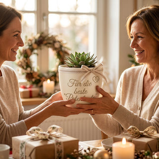 Personalisierter Blumentopf mit Gravur — Geschenk Patentante Geburtstag — als persoenliche Geschenk-Uebergabe