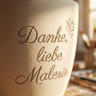 Blumentopf mit Gravur 'Danke, liebe Malerin' - Personalisiertes Künstlergeschenk — Detailaufnahme