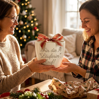 Personalisierter Blumentopf mit Gravur — Geschenk für Läuferin — als persoenliche Geschenk-Uebergabe
