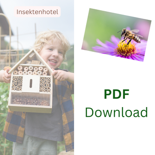 Kind präsentiert stolz selbstgebautes Insektenhotel. PDF-Bauanleitung zum Download von Naturmacher.