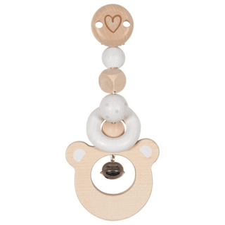 Goki Holz-Babygreifling, Clip Bärenkopf, mit Glöckchen, naturfarben und weiß.