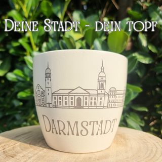 Beiger Darmstadt-Topf mit eingravierter Darmstädter Skyline und Schriftzug "Darmstadt".