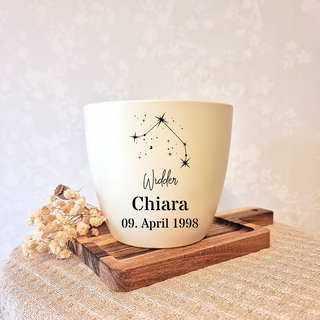 Beiger Blumentopf mit Widder-Sternbild, Name Chiara und 09. April 1998, personalisiertes Geschenk.