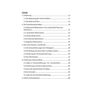 Inhaltsverzeichnis des Baby Ratgeber "Kleine Wunder" von Naturmacher: Entwicklung, Ernährung, Schlaf und mehr.