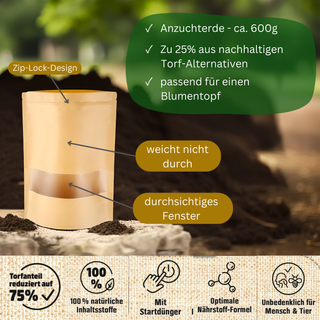 Anzuchterde im beigefarbenen Zip-Lock-Beutel mit Sichtfenster, 600g, Natur Macher, für Löwen-Blumentopf. Nachhaltig, mit S...