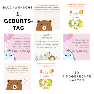 Glückwünsche zum 1. Geburtstag" Poster-Collage mit niedlichen Tiermotiven, Luftballons und Glückwünschen. 50 kindergerecht...