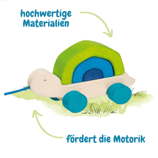 Goki Ziehtier Schildkröte Tortuga aus Holz mit bunten, gestapelten Elementen und blauer Schnur. Fördert die Motorik.