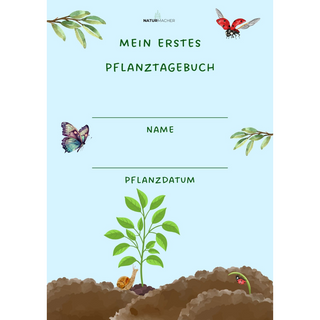 Mein erstes Pflanztagebuch (Poster, PDF) von Naturmacher: Hellblaues Poster mit Pflanze, Schnecke, Marienkäfer & Schmetter...