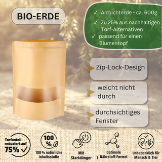 Bio-Erde in braunem Standbodenbeutel mit Sichtfenster, Zip-Verschluss, 600g, torfreduziert. Ideal für Sternzeichen Krebs B...