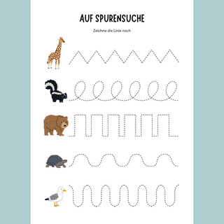 Natur-Lernspiel: Kinder verbinden Giraffe, Stinktier, Bär, Schildkröte & Möwe mit gestrichelten Linien. Fördert Feinmotorik.