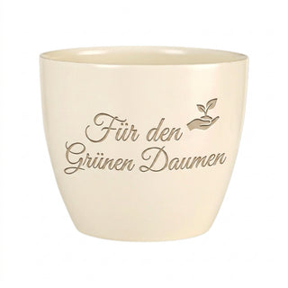 Personalisierter Blumentopf mit Gravur — Geschenk für Blumenfreunde — Detailansicht der Lasergravur