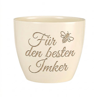 Personalisierter Blumentopf mit Gravur — Geschenk für Imker und Bienenzüchter — Detailansicht der Lasergravur