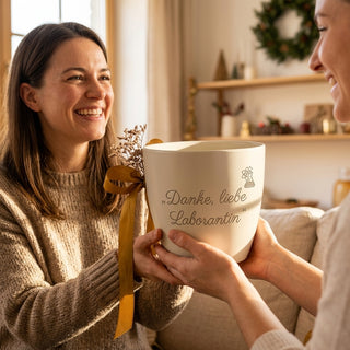 Personalisierter Blumentopf mit Gravur — Danke Geschenk für Laborantin — als persoenliche Geschenk-Uebergabe