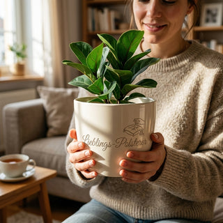 Personalisierter Blumentopf mit Gravur — Geschenk für Polsterer — im Wohnambiente