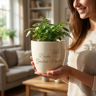 Personalisierter Keramik-Blumentopf mit Gravur für den Geschenk-Meister — im Wohnambiente
