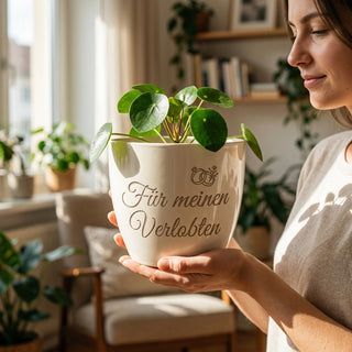 Personalisierter Blumentopf „Für meinen Verlobten“ — Geschenk zur Verlobung — im Wohnambiente