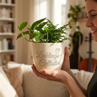 Personalisierter Blumentopf mit Gravur — Geschenk Cellistin & Musiker — im Wohnambiente