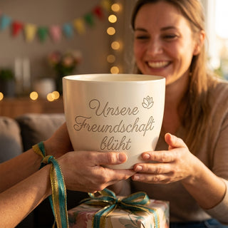 Personalisierter Blumentopf mit Gravur — Geschenk Trauzeugin Hochzeit — als persoenliche Geschenk-Uebergabe