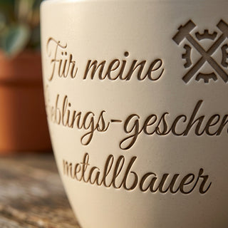 Einzigartiger Blumentopf mit Gravur – Das perfekte Geschenk für Metallbauer — Detailaufnahme